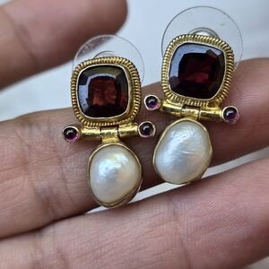 Gold Tone Sterling Earrings with burgandy Stones and Pearls
